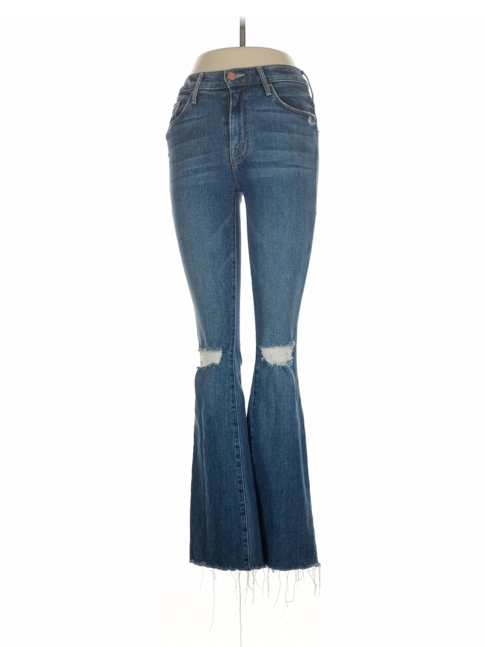 MOTHER Blue the Weekender Fray High-Rise Flare Jeans with Knee Rips